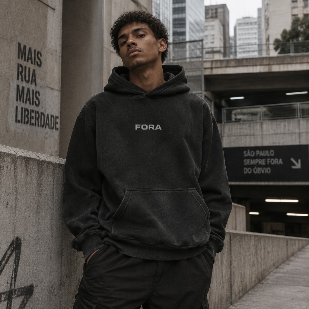 Create a realistic premium streetwear fashion campaign for a new Brazilian brand called FORA.
The brand identity is modern Brazilian streetwear, young, urban, confident, minimalist and slightly rebellious. It should feel like an authentic independent streetwear label from Brazil — not like a generic clothing company or a cheap fast-fashion brand.
PRODUCT
A heavyweight oversized hoodie, premium 100% cotton appearance, structured boxy fit, dropped shoulders, slightly oversized sleeves, thick ribbed cuffs and waistband, high-quality construction and realistic fabric texture.
Main hoodie color: washed black / deep charcoal.
Place the brand name FORA prominently but elegantly on the chest.
The typography should be:
* bold
* clean
* contemporary
* minimalist
* slightly unconventional
* easy to recognize
* suitable for a premium streetwear brand
Do NOT use a generic fashion font. Create a distinctive wordmark that could become recognizable as the identity of the brand.
The FORA logo should be relatively small-to-medium, with excellent spacing and strong visual balance. Avoid excessive graphics.
BRAND AESTHETIC
The visual identity should communicate:
Brazilian street culture + individuality + freedom + attitude + authenticity + minimalism.
The word FORA should suggest the idea of being “outside the norm”, breaking away from the ordinary and creating your own path.
Do not use stereotypical Brazilian imagery such as flags, tropical leaves, carnival graphics, beaches or clichés.
Instead, communicate Brazil through the urban atmosphere, architecture, people, attitude and street culture.
MODEL & PHOTOGRAPHY
Show a young Brazilian model wearing the hoodie naturally.
The model should look contemporary and stylish, with an authentic streetwear attitude — not overly posed or like a traditional clothing catalog.
Photography style:
* high-end streetwear editorial
* realistic fashion photography
* natural lighting
* subtle film grain
* slightly desaturated tones
* sophisticated shadows
* realistic skin and fabric
* premium fashion campaign
* candid but intentional composition
ENVIRONMENT
Set the scene in an urban Brazilian environment inspired by São Paulo.
Use elements such as:
concrete architecture, sidewalks, urban walls, brutalist structures, subtle graffiti, parking structures, streets and contemporary city architecture.
Keep the environment sophisticated and understated.
COLOR PALETTE
Black
Washed charcoal
Off-white
Concrete gray
Muted dark green as a possible accent
No bright colors.
IMPORTANT
The final result must look like an actual campaign for a successful contemporary Brazilian streetwear brand, not an AI-generated clothing mockup.
Think of the visual positioning of brands such as Stüssy, Fear of God ESSENTIALS, Represent, Corteiz, PIET and PACE, but DO NOT copy their logos, designs, graphics or exact visual identity.
The result must have its own identity: FORA.
Create an extremely realistic, commercially usable fashion photograph with accurate hoodie proportions, realistic fabric folds and a perfectly integrated printed logo.
No fake text.
No distorted letters.
No extra logos.
No watermark.
No excessive graphics.
No unnecessary accessories.
No cartoon or illustration style.
No futuristic cyberpunk aesthetic.
No luxury-fashion clichés.
Overall feeling:
FORA — Brazilian streetwear for people who don’t want to fit in.
Minimal. Urban. Confident. Authentic. Outside the ordinary.