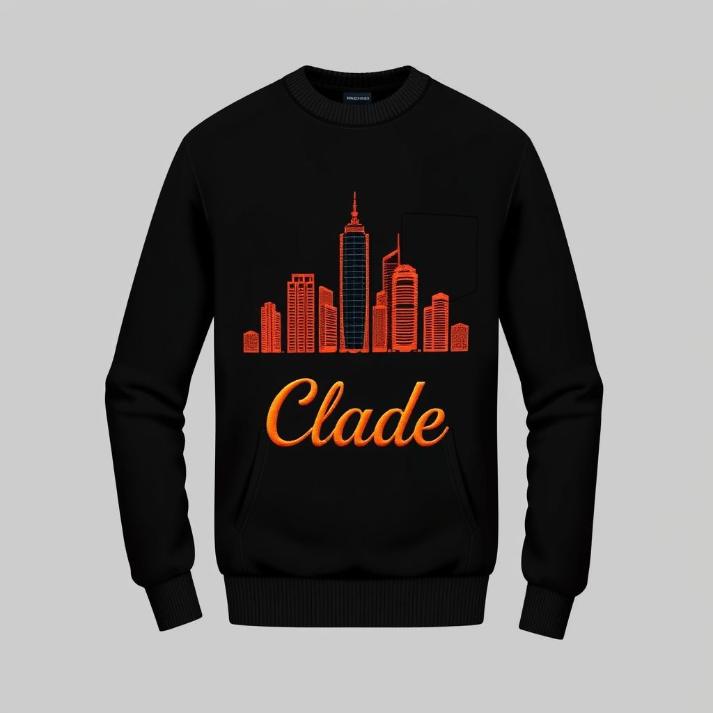 mockup design, Design a sleek black jumper featuring the brand name "Clade" elegantly stitched on the front pocket. Behind the text, intricately embroider a vibrant city skyline in bold orange hues, showcasing modern architecture and a dynamic urban feel. The contrast emphasizes the brand’s contemporary vibe while adding a unique, stylish flair.