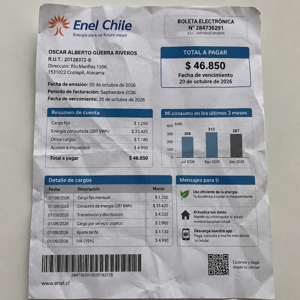 Create a statement, an electricity bill in CHILE. The A4 statement should be realistic, as if it were photographed on a phone. The document should be on a white background. The document must be for the last 3 months of October 2026. The document should contain several transactions and be wrinkled at the edges.
Name OSCAR ALBERTO GUERRA RIVEROS
Address Río Manflas 1356, 1531022 Copiapó, Atacama
R.U.T. 20128372-8
Date of birth 07.01.1999