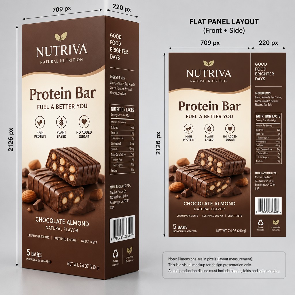 # 3D BAR BOX PACKAGING MOCKUP — EXACT LAYOUT
Create a professional, photorealistic 3D packaging mockup for my bar product, showing the front panel, side panel, exact dimensions, and a clear technical layout.
**EXACT DIMENSIONS**
- Front panel width: 709 px
- Box height: 2126 px
- Side panel width: 220 px
- Total unfolded width of front + side: 929 px
- Front and side panels must share the same height.
**1. BOX STRUCTURE**
Create a tall, vertical rectangular carton with realistic thickness and sharp, clean edges. Show the front and right side panels together in a three-quarter perspective view. Keep the front-to-side width ratio accurate and the full box height consistent.
**2. FRONT PANEL LAYOUT**
- Top section: Brand logo placement.
- Upper-middle section: Product name and headline.
- Center section: Main product illustration or attractive product photography.
- Lower section: Product details and supporting graphics.
- Bottom section: Net weight and required product information placeholders.
**3. SIDE PANEL LAYOUT**
Design a dedicated 220 px-wide side panel extending across the full 2126 px height. Include organized areas for ingredients, nutritional information, barcode, manufacturer details, and other relevant product information. Keep the layout readable and properly aligned.
**4. TECHNICAL DIMENSION GUIDES**
Add clear measurement arrows and labels:
- Horizontal front measurement: 709 px.
- Vertical height measurement: 2126 px.
- Horizontal side-panel measurement: 220 px.
Include a separate flat layout diagram alongside the 3D mockup, showing the front panel and side panel as adjoining rectangles with the same dimensions and aligned top and bottom edges.
**5. VISUAL STYLE**
Use premium commercial packaging design, realistic carton material, accurate perspective, soft studio lighting, natural shadows, crisp print graphics, and a clean light-gray background. Use a sophisticated chocolate-brown and warm-cream palette as a placeholder, with editable logo and product-name areas.
**6. OUTPUT REQUIREMENTS**
Present the 3D mockup and flat panel layout together in one professional packaging presentation. Preserve the exact specified pixel proportions. Do not stretch, distort, crop, or invent extra panels. Keep dimension labels outside the box and make them legible.
Important: The supplied dimensions are pixel-based layout measurements, not physical print dimensions. Do not assume a real-world size or print scale. The final production dieline must account for folds, glue flaps, bleed, and safe margins separately.