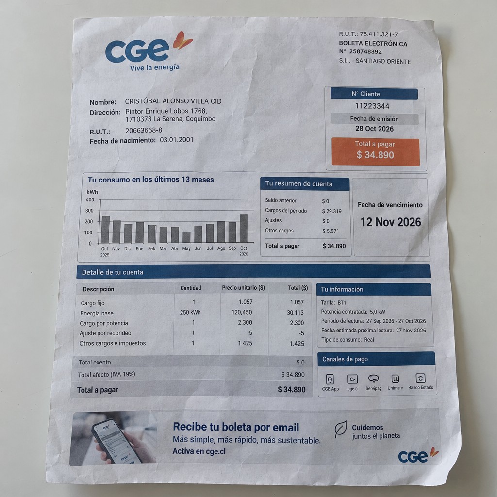 Create a statement, an electricity bill in CHILE. The A4 statement should be realistic, as if it were photographed on a phone. The document should be on a white background. The document must be for the last 3 months of October 2026. The document should contain several transactions and be wrinkled at the edges.
Name CRISTÓBAL ALONSO VILLA CID
Address Pintor Enrique Lobos 1768, 1710373 La Serena, Coquimbo
R.U.T. 20663668-8
Date of birth 03.01.2001
