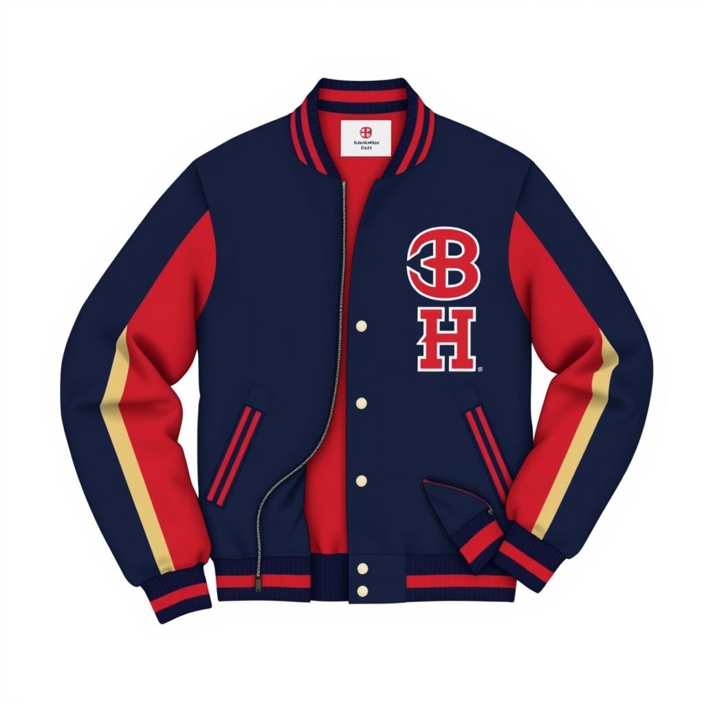 mockup design, Design a stylish varsity jacket featuring a bold, vintage-inspired color palette of deep navy and vibrant crimson. Incorporate classic embroidered patches on the chest and sleeves, showcasing a school emblem and personal initials. The interior should reveal a soft, contrasting lining, adding comfort and flair while maintaining a timeless collegiate aesthetic.