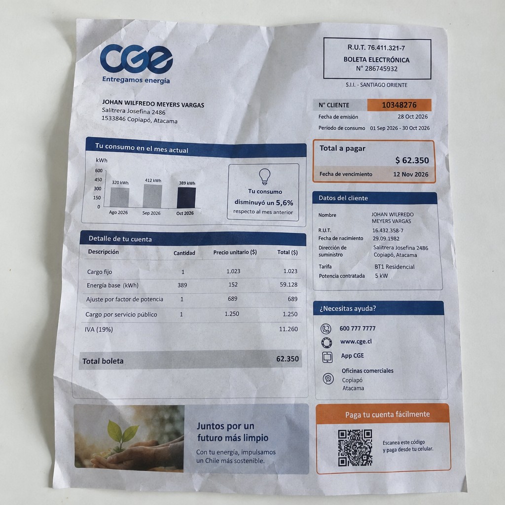 Create a statement, an electricity bill in CHILE. The A4 statement should be realistic, as if it were photographed on a phone. The document should be on a white background. The document must be for the last 3 months of October 2026. The document should contain several transactions and be wrinkled at the edges.
Name JOHAN WILFREDO MEYERS VARGAS
Address Salitrera Josefina 2486, 1533846 Copiapó, Atacama
R.U.T. 16432358-7
Date of birth 29.09.1982