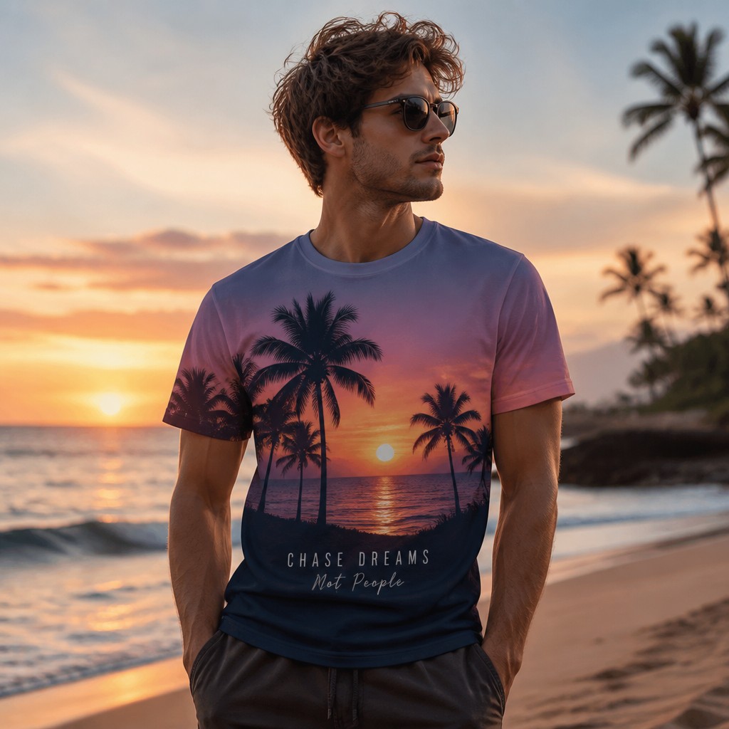 Create a realistic product mockup based on these instructions:
Design a stylish T-shirt featuring a vibrant sunset over a calm ocean, with a silhouette of palm trees in the foreground. The colors should blend seamlessly, creating a dreamy atmosphere. Include a motivational quote in a trendy font, placed subtly near the bottom, enhancing the relaxed, tropical vibe of the shirt.
Create a professional, photorealistic mockup scene. If the instructions mention a design,
artwork, logo, print or graphic, invent an original, fitting design and integrate it onto the
product realistically with proper perspective, lighting and material texture. Only show a clean,
undecorated product if the instructions explicitly ask for a blank or plain product.