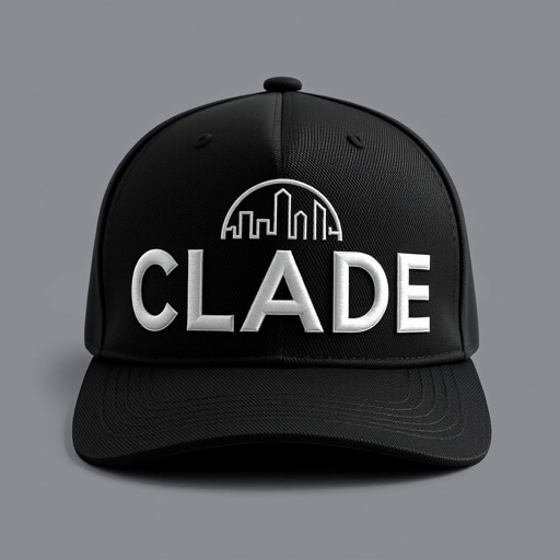 mockup design, Create a mockup design of a sleek black hat featuring the CLADE brand name elegantly embroidered in bold white lettering across the front. Behind the brand name, incorporate a subtle skyline circle design to represent modern urban culture. Ensure the hat's fabric texture is visible, enhancing its stylish appeal.