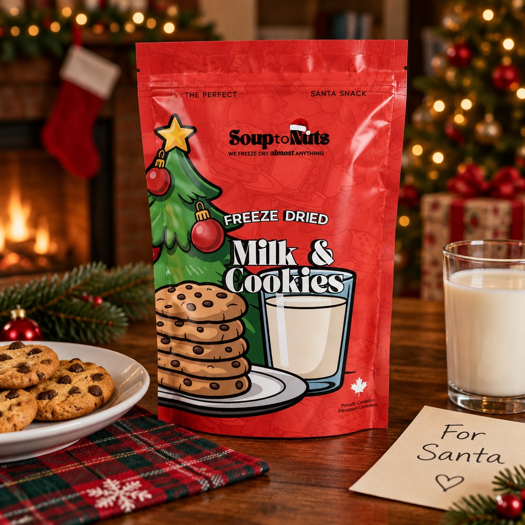 A photorealistic food pouch mockupthe dementions are 4.75inches by 7.75 inches have the back ground christmas themed and the pouch sitting on a table with a plateof cookies and a drink of milk for santa