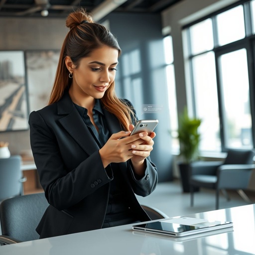 mockup design, Create a dynamic mockup video of a confident businesswoman in a stylish office, intently swiping through a sleek smartphone. The background showcases modern decor, with a glimpse of a city skyline through the window. Incorporate subtle animations to highlight notifications popping up on her screen, emphasizing engagement and productivity.