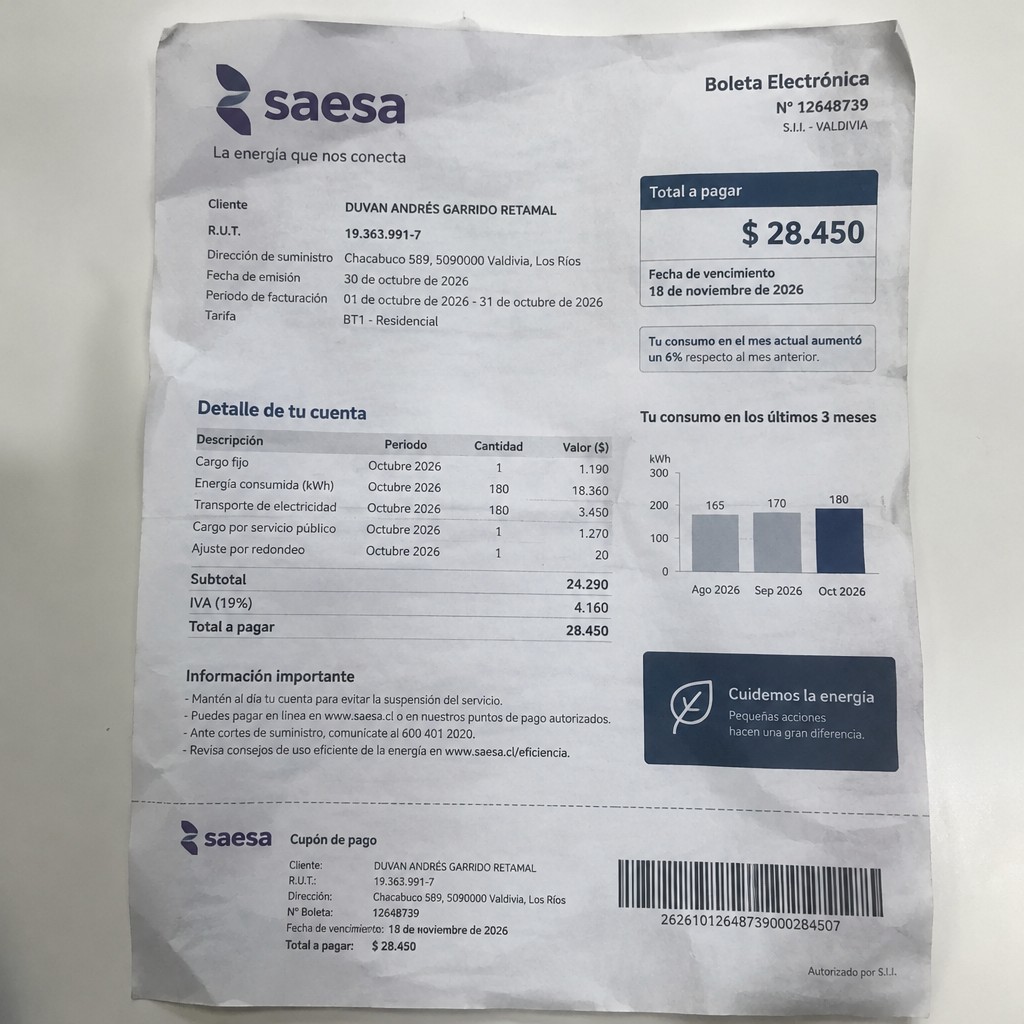Create a statement, an electricity bill in CHILE. The A4 statement should be realistic, as if it were photographed on a phone. The document should be on a white background. The document must be for the last 3 months of October 2026. The document should contain several transactions and be wrinkled at the edges.
Name DUVAN ANDRÉS GARRIDO RETAMAL
Address Chacabuco 589, 5090000 Valdivia, Los Ríos
R.U.T. 19363991-7
Date of birth 03.06.1997
Date of discharge 30.10.2026 (OCTOBER 2026)