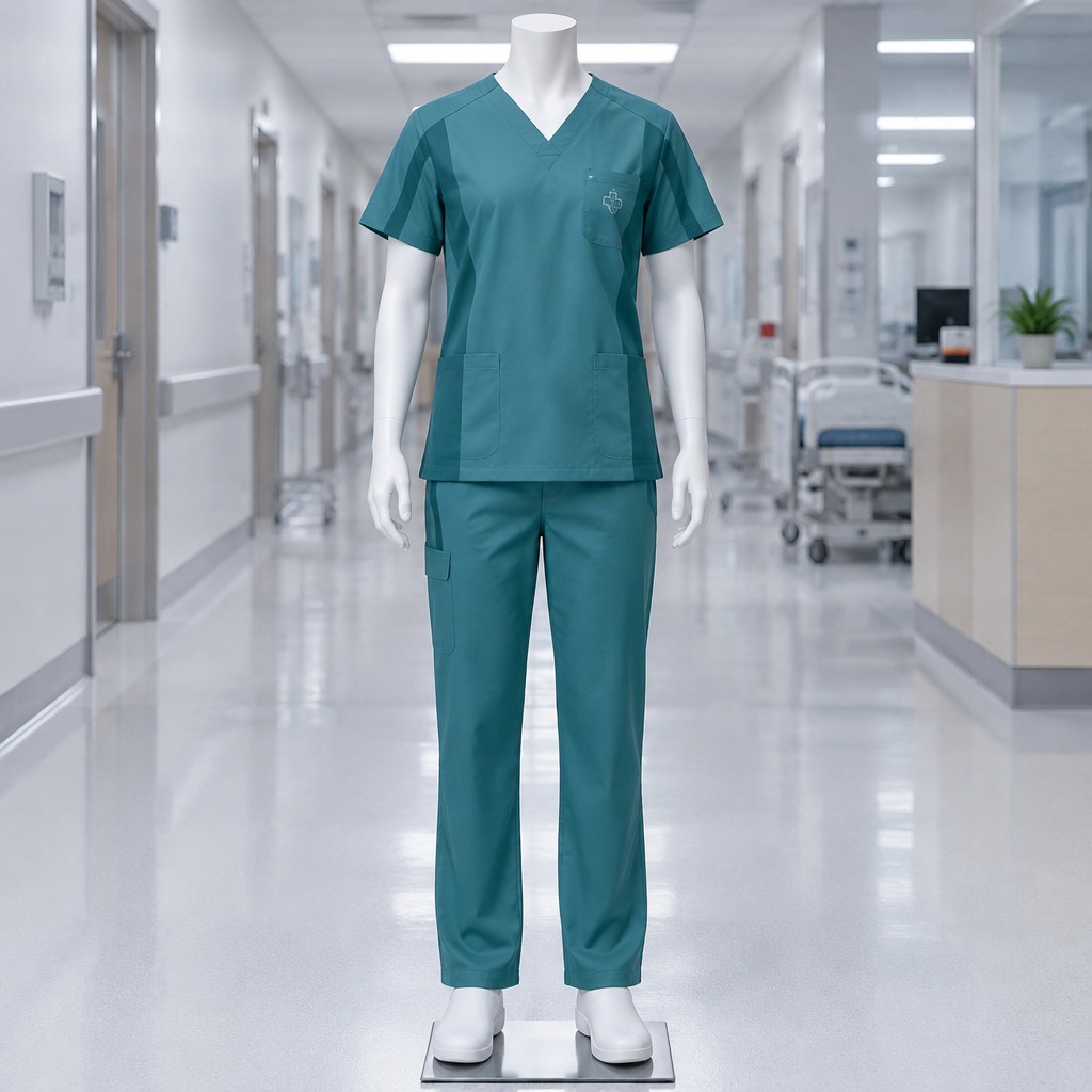 A teal scrub top and pants on a mannequin in a bright, clean hospital corridor, cool fluorescent lighting, straight-on eye-level shot, featuring a tasteful sample brand design on the chest, no watermarks, no text overlays
make a line with a digital sigilism style and edges on the two sides with color a bit darker than the main color
