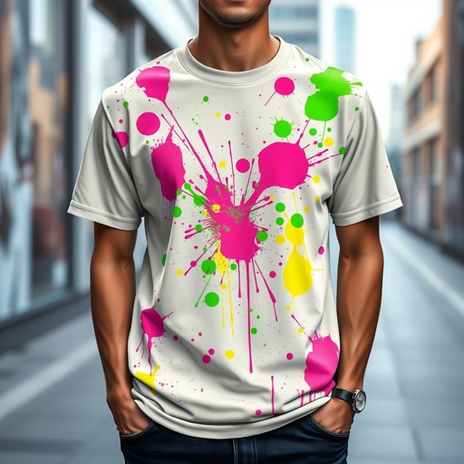 mockup design, Create a vibrant mockup design featuring a T-shirt adorned with Kleine Brasch paint splatters in neon colors. The shirt should showcase a dynamic composition of bold, energetic splashes, blending pinks, greens, and yellows. Incorporate a stylish urban background to emphasize the artistic flair and contemporary feel of the design.