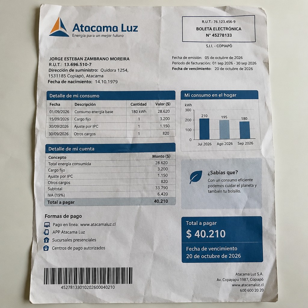 Create a statement, an electricity bill in CHILE. The A4 statement should be realistic, as if it were photographed on a phone. The document should be on a white background. The document must be for the last 3 months of October 2026. The document should contain several transactions and be wrinkled at the edges.
Name JORGE ESTEBAN ZAMBRANO MOREIRA
Address Quidora 1254, 1531185 Copiapó, Atacama
R.U.T. 13696510-7
Date of birth 14.10.1979