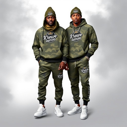 mockup design, Create a vibrant mockup showcasing a trendy Black African American couple wearing a stylish camouflage jogger set, complete with an embroidered hoodie, scarf, and beanie adorned with the "Krewe Of Hustlers" logo in black and white outline. They sport white Air Force Ones and accessorize with Timbs, chains, hats, and bags. Logo elements running down the pant legs add flair to the outfit, emphasizing urban style and individuality. Capture their confident poses in a dynamic, street-inspired background that highlights their fashion-forward look.