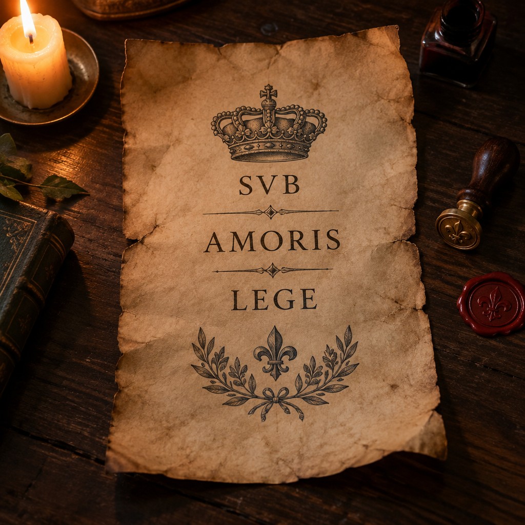 A sheet of aged parchment paper featuring a tasteful sample brand design and slightly curled edges, resting on a dark wooden desk beside a wax seal, warm candlelight, close overhead angle, no watermarks, no text overlays. open vertically, recites SVB AMORIS LEGE, each word on its own level of the parchment