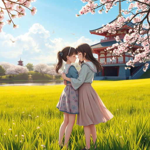 mockup design, In einer malerischen Szenerie umarmen sich zwei semi-realistische Mädchen herzlich auf einer grünen Wiese, umgeben von strahlendem Sonnenlicht. Tautropfen funkeln an Grashalmen und blühenden Sakura-Bäumen. Im Hintergrund zeigt sich ein japanischer Tempel, während ein glasklarer See die Schönheit des Himmels reflektiert. Ihre Outfits, voller Glanz und Farbe, strahlen Freundschaft und Jugend aus.
