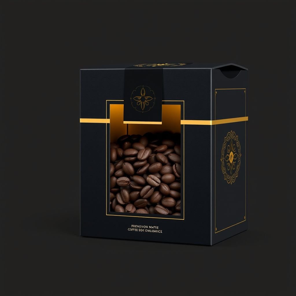mockup design, Design a sleek and modern coffee box featuring an elegant matte black finish with gold foil accents. The front showcases a window revealing the rich coffee beans inside. Include an intricate logo at the top, subtle patterns on the sides, and a convenient magnetic closure for a premium feel.