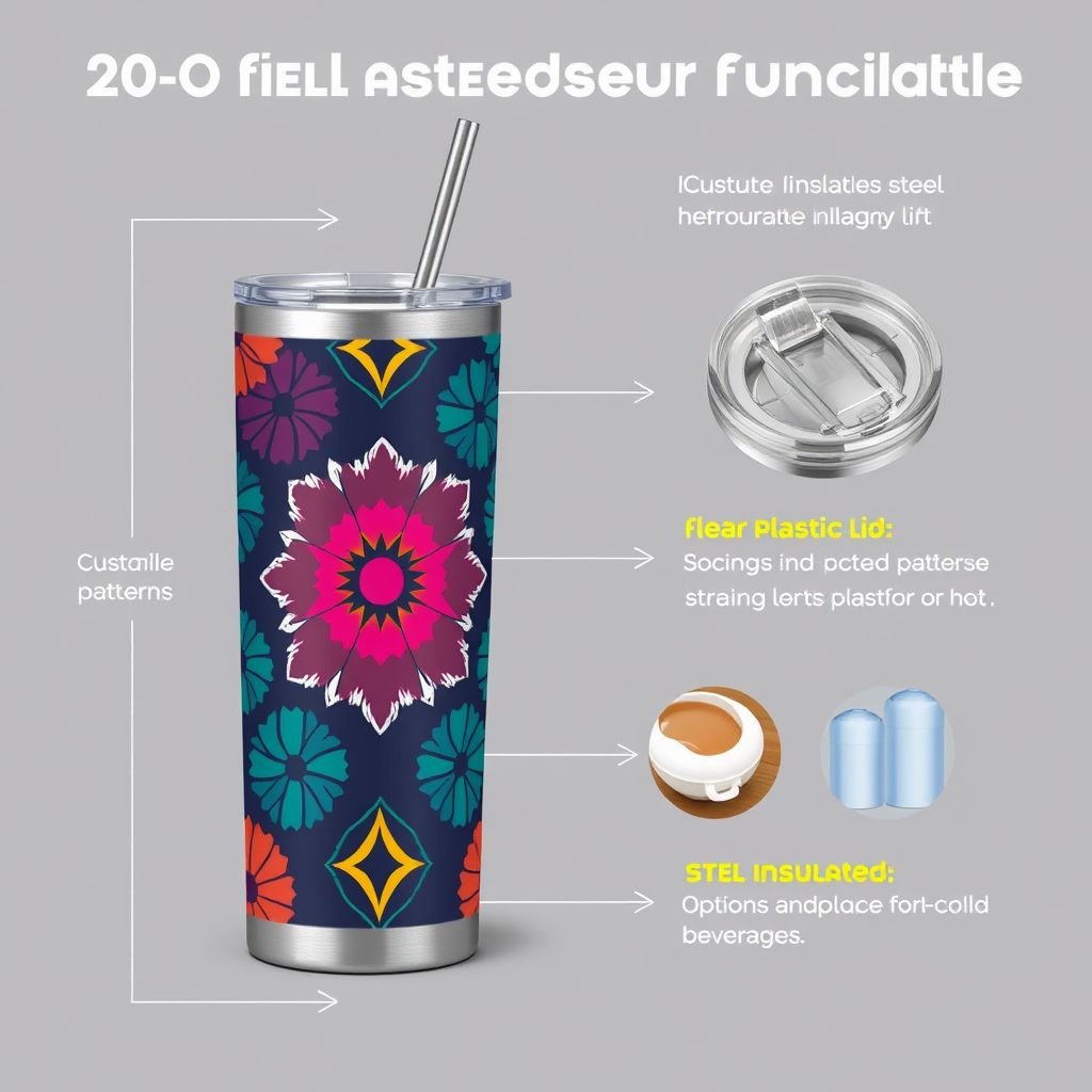 mockup design, Create a striking mockup design for a 20-ounce tumbler featuring a stainless-steel finish. Incorporate vibrant, customizable patterns such as geometric shapes or floral designs. Include a clear plastic lid with a silicone straw, and showcase options for both matte and glossy textures. Highlight its insulated functionality for hot and cold beverages.