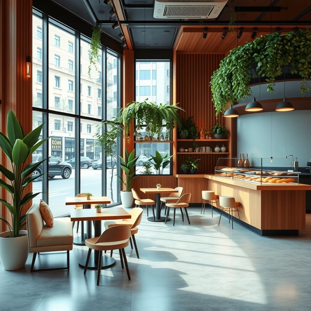 mockup design, Create a mockup design featuring a sleek, modern cafe interior with warm wooden accents and lush greenery. The space should include cozy seating arrangements, a well-lit counter displaying artisan pastries, and large windows revealing a bustling city street. Use a color palette of earth tones and soft pastels to enhance the inviting atmosphere.