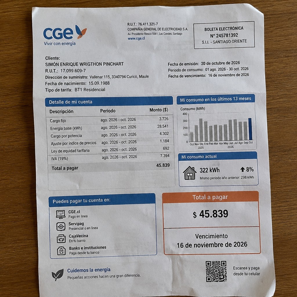 Create a statement, an electricity bill in CHILE. The A4 statement should be realistic, as if it were photographed on a phone. The document should be on a white background. The document must be for the last 3 months of October 2026. The document should contain several transactions and be wrinkled at the edges.
Name SIMÓN ENRIQUE WRIGTHON PINCHART
Address Vallenar 115, 3340794 Curicó, Maule
R.U.T. 17099609-7
Date of birth 15.09.1988
Date of discharge 30.10.2026 (OCTOBER 2026)