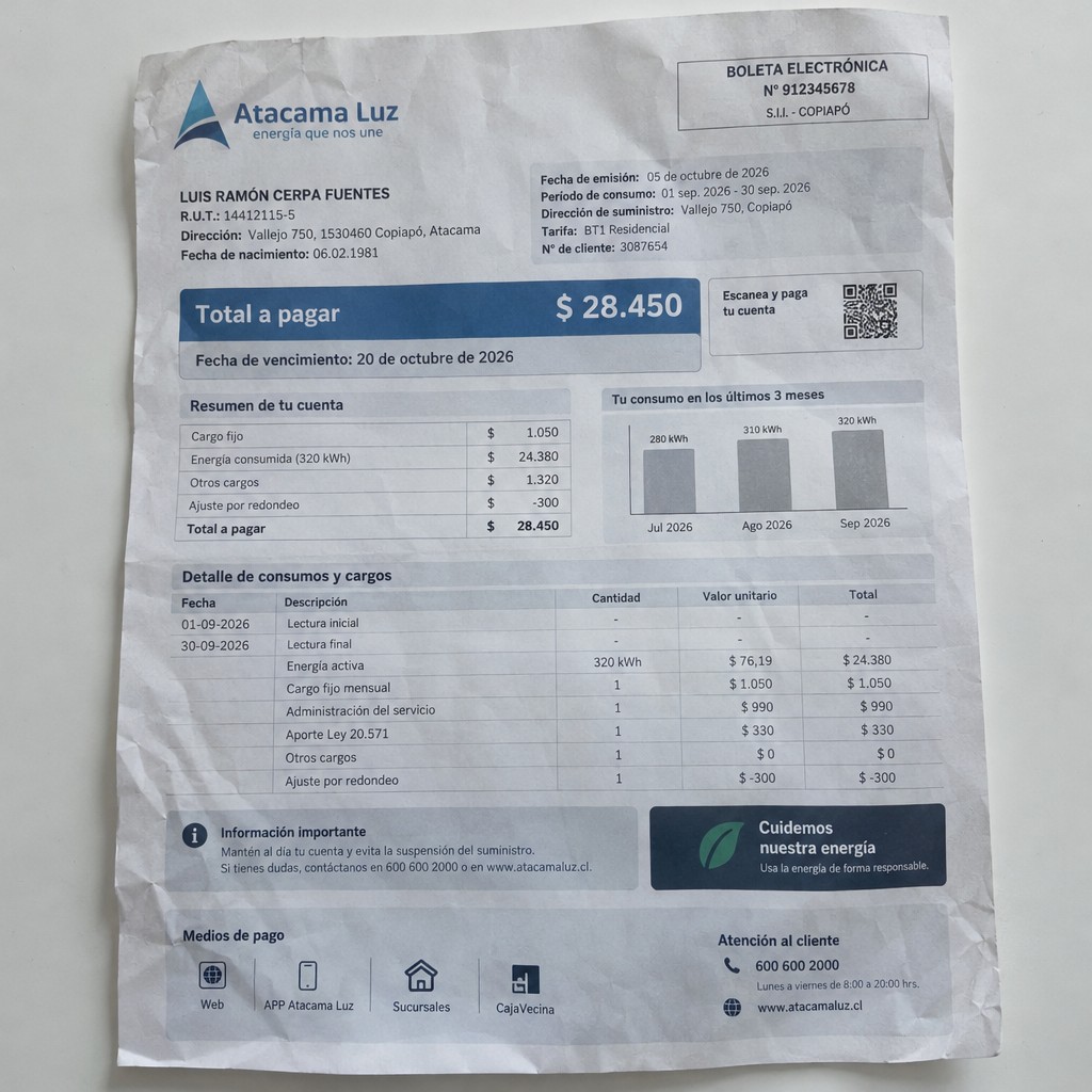 Create a statement, an electricity bill in CHILE. The A4 statement should be realistic, as if it were photographed on a phone. The document should be on a white background. The document must be for the last 3 months of October 2026. The document should contain several transactions and be wrinkled at the edges.
Name LUIS RAMÓN CERPA FUENTES
Address Vallejo 750, 1530460 Copiapó, Atacama
R.U.T. 14412115-5
Date of birth 06.02.1981