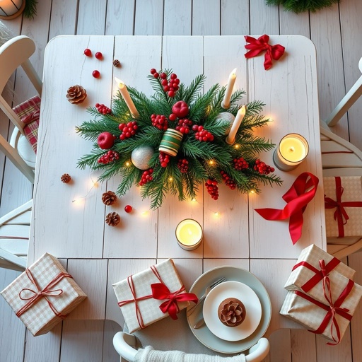 mockup design, Design a charming mockup of a white wooden table adorned with festive Christmas decorations. Include a vibrant centerpiece of evergreen branches and red berries, scattered pinecones, twinkling fairy lights, and seasonal candles. Surround the table with elegantly wrapped gifts and a cozy table setting featuring winter-themed dishware for a warm holiday ambiance.