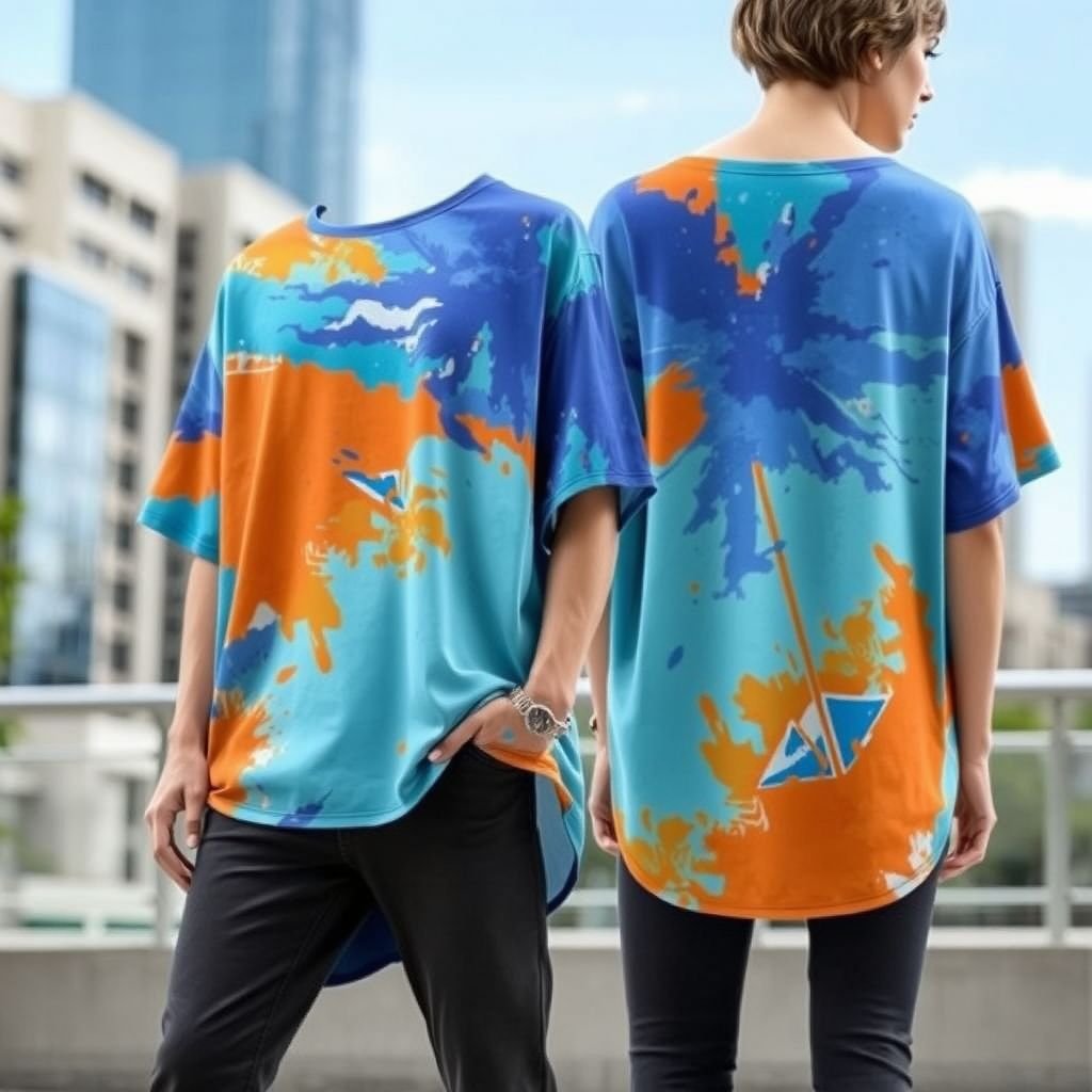 mockup design, Create a mockup design for an oversized drop shoulder tee featuring a vibrant abstract pattern in shades of blue and orange. The fabric should appear soft and breathable, showcasing a relaxed fit. Include a model wearing the tee in an urban setting, highlighting its versatility and stylish comfort.