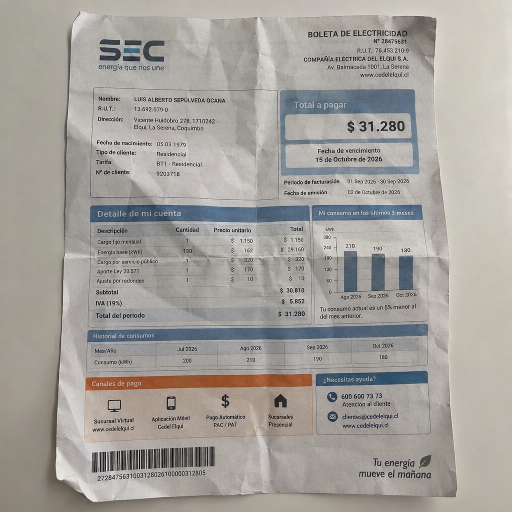 Create a statement, an electricity bill in CHILE. The A4 statement should be realistic, as if it were photographed on a phone. The document should be on a white background. The document must be for the last 3 months of October 2026. The document should contain several transactions and be wrinkled at the edges.
Name LUIS ALBERTO SEPÚLVEDA OCANA
Address Vicente Huidobro 278, 1710242 Elqui, La Serena, Coquimbo
R.U.T. 13692079-0
Date of birth 05.03.1979