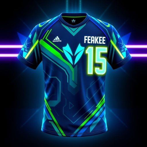 mockup design, Design a luminous esports jersey shirt featuring a sleek, futuristic aesthetic. Incorporate vibrant neon colors like electric blue and radiant green, with abstract geometric patterns. The shirt should have breathable fabric textures, prominent team logos on the front, and unique player numbers on the back, illuminated with glowing accents for added impact.
