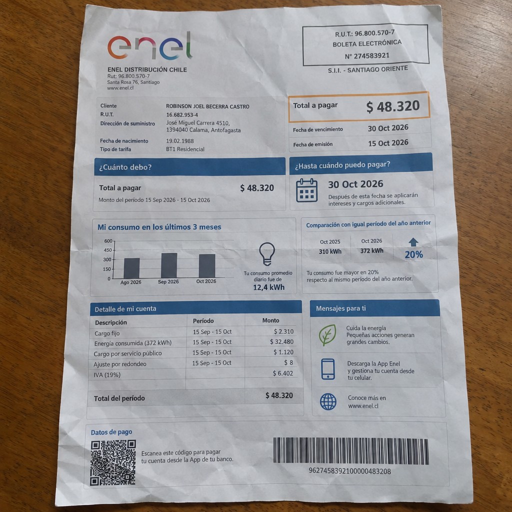 Create a statement, an electricity bill in CHILE. The A4 statement should be realistic, as if it were photographed on a phone. The document should be on a white background. The document must be for the last 3 months of October 2026. The document should contain several transactions and be wrinkled at the edges.
Name ROBINSON JOEL BECERRA CASTRO
Address José Miguel Carrera 4510, 1394040 Calama, Antofagasta
R.U.T. 16682953-4
Date of birth 19.02.1988