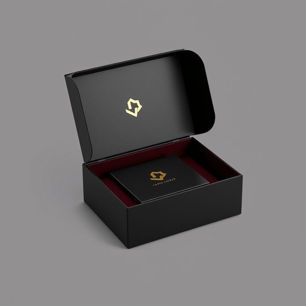 mockup design, Create a sleek, modern box design with a matte black finish featuring a minimalist logo in shiny gold. The box should be opened slightly to reveal an elegant interior with a rich burgundy lining. Include a creative unboxing experience, showcasing unique textures and a tasteful design aesthetic that evokes luxury.