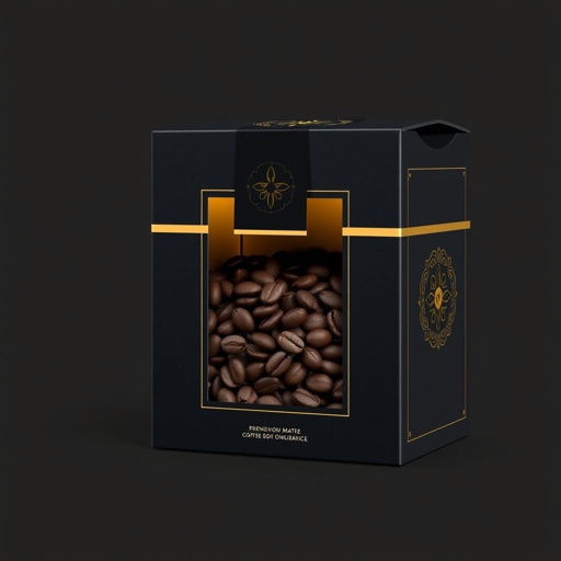 mockup design, Design a sleek and modern coffee box featuring an elegant matte black finish with gold foil accents. The front showcases a window revealing the rich coffee beans inside. Include an intricate logo at the top, subtle patterns on the sides, and a convenient magnetic closure for a premium feel.