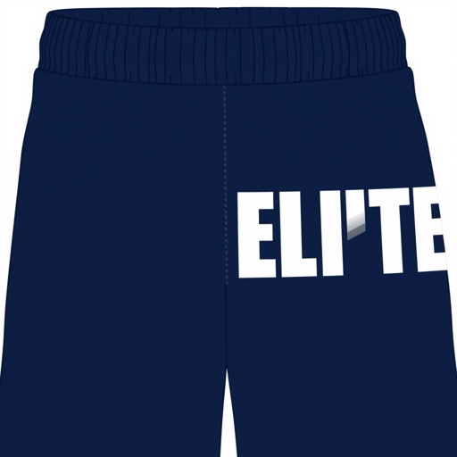 mockup design, Create a mockup design featuring navy blue fleece shorts that showcase a comfortable, relaxed fit. The upper right area prominently displays the bold white lettering "XL ELITE" as a stylish logo. The shorts should feature a single ribbed waistband, ensuring both aesthetic appeal and functional comfort for everyday wear.
