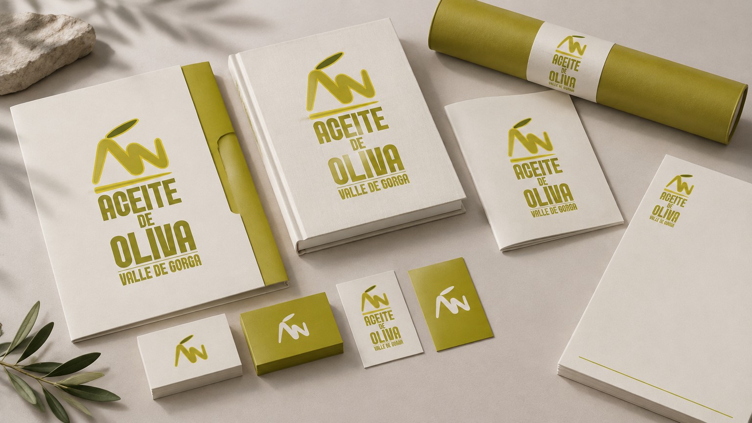 Premium flat lay branding mockup on a light neutral background. Show a folder, hardcover book, booklet, poster tube, business cards, letterhead sheets, and small paper cards. Use only provided colors palette. Keep all surfaces blank. No logos, no readable text, no branding. Clean editorial composition, realistic shadows, soft studio light, high-end portfolio hero image, 16:9.