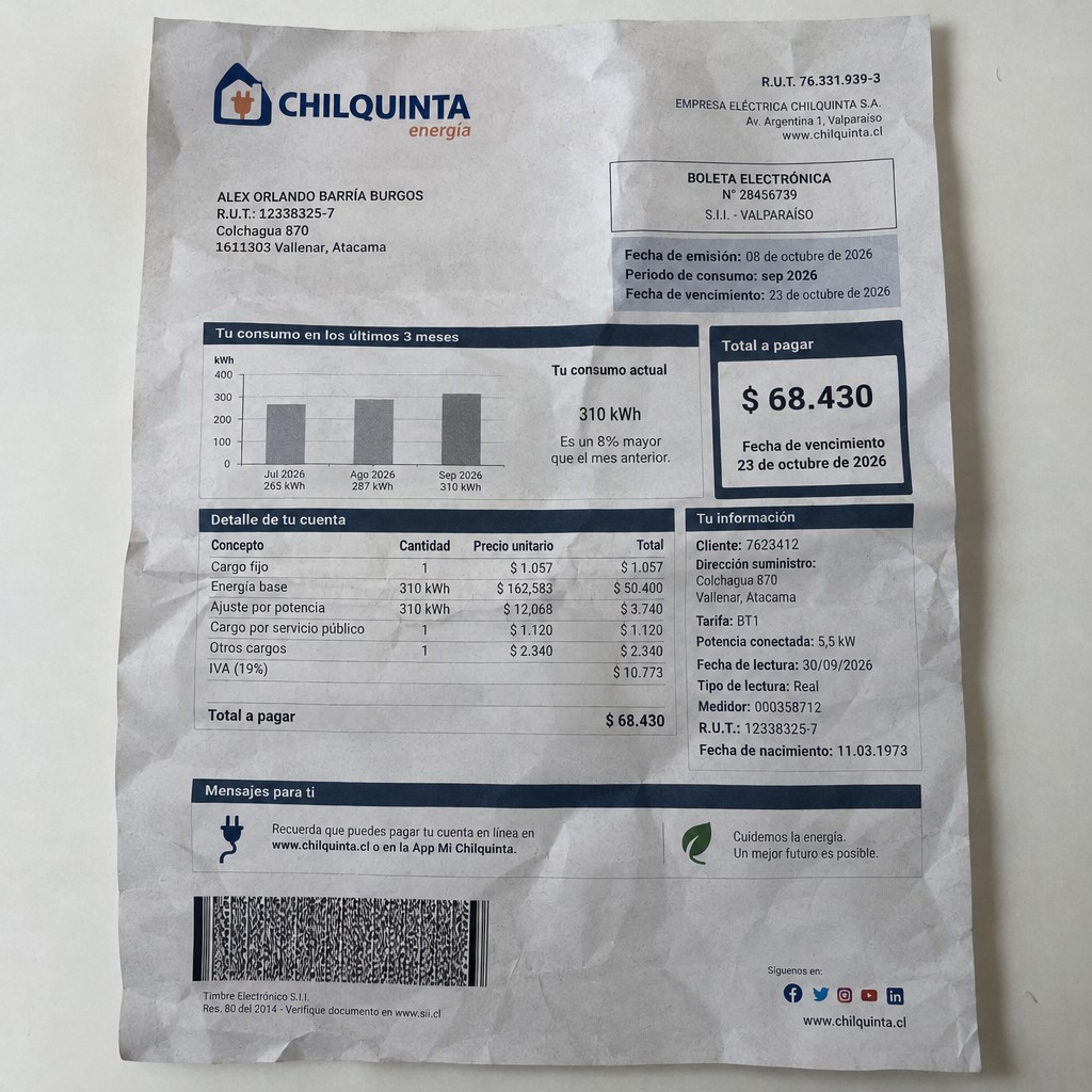 Create a statement, an electricity bill in CHILE. The A4 statement should be realistic, as if it were photographed on a phone. The document should be on a white background. The document must be for the last 3 months of October 2026. The document should contain several transactions and be wrinkled at the edges.
Name ALEX ORLANDO BARRÍA BURGOS
Address Colchagua 870, 1611303 Vallenar, Atacama
R.U.T. 12338325-7
Date of birth 11.03.1973
