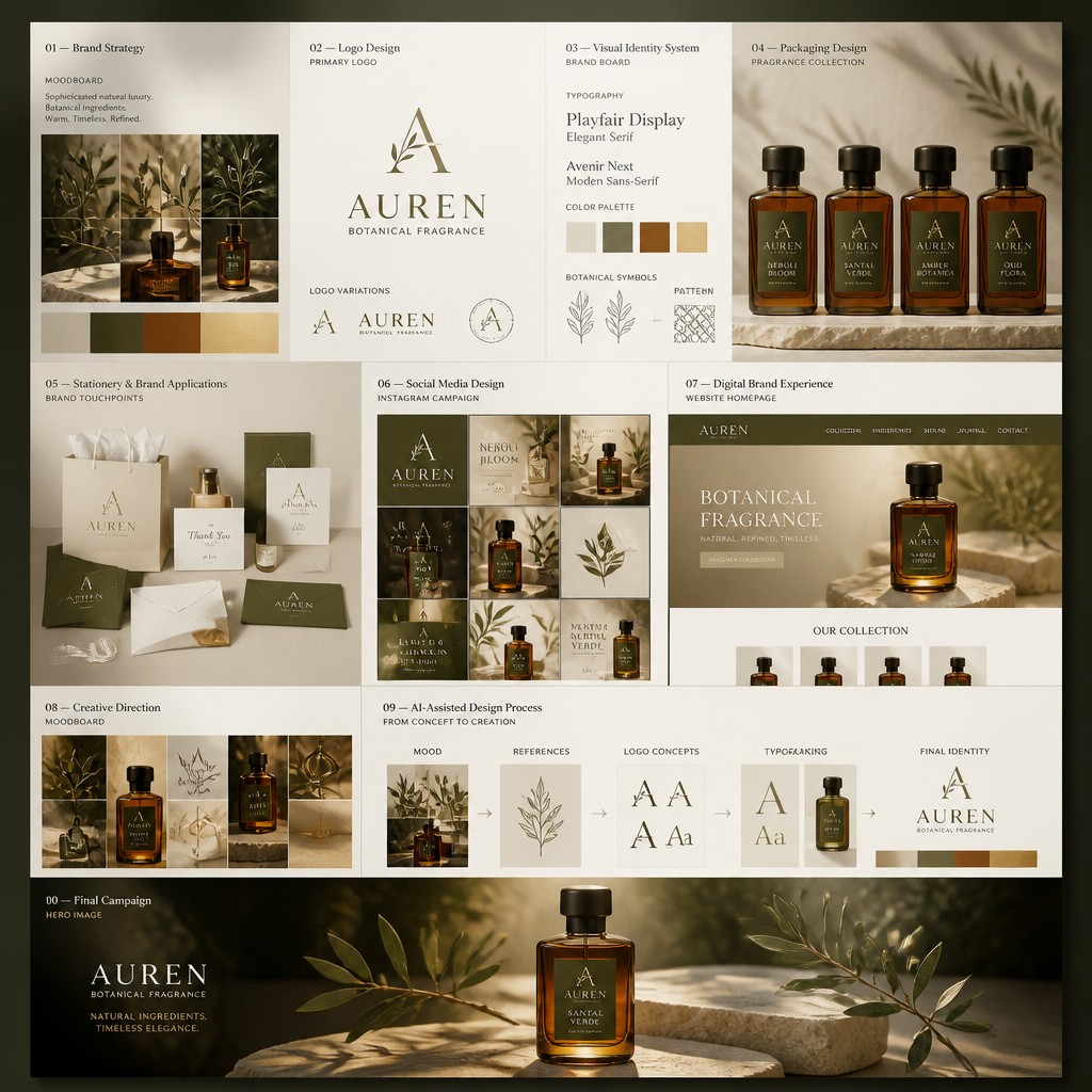 AUREN
Botanical Fragrance — Brand Identity Concept
Overall style: Ivory + olive + amber + champagne gold | luxury | warm | editorial
01 — Brand Strategy
Create a premium brand strategy moodboard for AUREN, a modern botanical fragrance brand. Sophisticated natural luxury, botanical ingredients, warm ivory, deep olive, amber and champagne gold, elegant editorial photography, refined international fragrance aesthetic.
02 — Logo Design
Design a sophisticated logo system for AUREN, premium botanical fragrance brand. Elegant custom AUREN wordmark with a distinctive minimal A symbol inspired by botanical forms, refined luxury typography, olive and champagne gold, clean vector presentation, white background.
03 — Visual Identity System
Create AUREN visual identity system, elegant serif and modern sans-serif typography, ivory, deep olive, amber and champagne gold palette, abstract botanical symbols, organic geometric pattern, premium editorial branding board, clean sophisticated layout.
04 — Packaging Design
Create photorealistic AUREN fragrance packaging, elegant amber perfume bottles, ivory rigid boxes, champagne gold details, deep olive labels, refined typography, multiple fragrance variants, premium materials, realistic shadows, luxury commercial product photography, crisp HD.
05 — Stationery & Brand Applications
Create AUREN branded applications including luxury business cards, perfume shopping bag, tissue paper, thank-you card, envelope, product tags and branded packaging, ivory and olive palette, subtle gold details, tactile paper, photorealistic premium mockups.
06 — Social Media Design
Create AUREN luxury fragrance social media campaign, elegant perfume bottles, botanical ingredients, warm sunlight, ivory and olive backgrounds, sophisticated editorial compositions, premium Instagram posts and stories, consistent luxury branding, photorealistic HD.
07 — Digital Brand Experience
Create AUREN luxury fragrance website homepage, elegant perfume hero product, ivory background, deep olive navigation, amber product photography, refined typography, fragrance collection, ingredients section, premium minimalist web design, realistic HD presentation.
08 — Creative Direction
Create AUREN creative direction board, botanical fragrance photography, amber glass, olive leaves, ivory stone, champagne gold details, warm sunlight, elegant shadows, tactile natural materials, sophisticated luxury editorial moodboard.
09 — AI-Assisted Design Process
Create an AUREN AI-assisted design process board showing mood exploration, botanical references, logo concepts, typography exploration, packaging experiments and final visual identity, elegant editorial grid, premium design presentation.
10 — Final Campaign
Create a breathtaking AUREN fragrance advertising campaign, elegant amber perfume bottle on sculptural ivory stone surrounded by subtle botanical leaves, deep olive shadows and warm golden sunlight, cinematic luxury product photography, photorealistic, ultra-detailed, crisp HD.