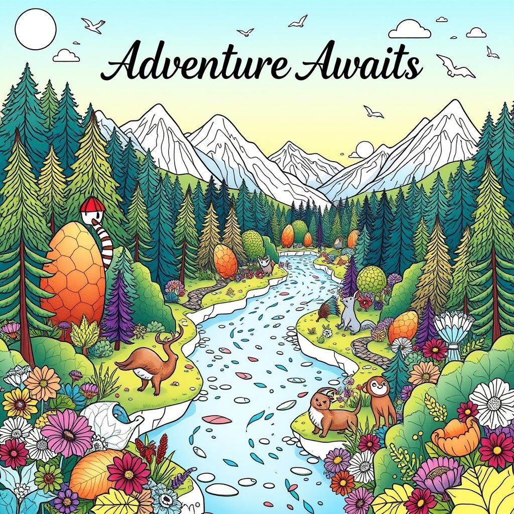 mockup design, Design a whimsical coloring book cover featuring a vibrant landscape filled with enchanting creatures, lush forests, and sparkling rivers. Include intricate patterns and hidden details for coloring enthusiasts. The title “Adventure Awaits” should be elegantly displayed at the top in playful font, with a color palette showcasing cheerful pastels and bold hues.