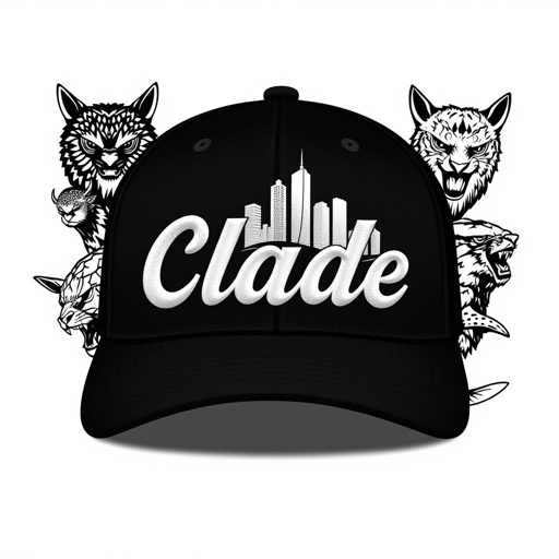mockup design, Design a sleek black baseball hat featuring the brand name "Clade" prominently embroidered in white, with a stylish city skyline silhouette integrated behind it. Surround the hat with intricate animal patches, capturing a blend of wildlife and urban culture, all in black and white, reflecting a modern and edgy aesthetic.