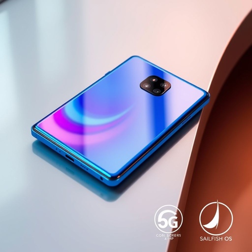 A vibrant blue LG Lumia 950 smartphone resting on a sleek, modern surface. Its smooth plastic body reflects soft light, showcasing edges and curves. The expansive 6.0-inch screen displays vivid colors. A high-resolution 32 MP camera glimmers, hinting at its photographic capabilities. Symbols of 5G connectivity and Sailfish OS subtly integrated.