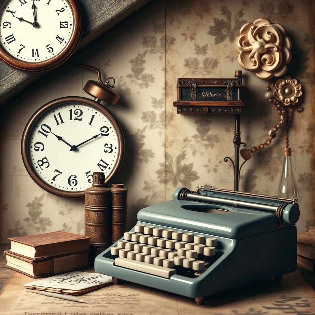 mockup design, Create a mockup design featuring a vintage theme, incorporating faded colors and rustic textures. Include elements like an antique clock, retro typography, and aged paper backgrounds. Showcase items like old books, a classic typewriter, and vintage floral patterns. Aim for a warm, nostalgic atmosphere that evokes memories of a bygone era.