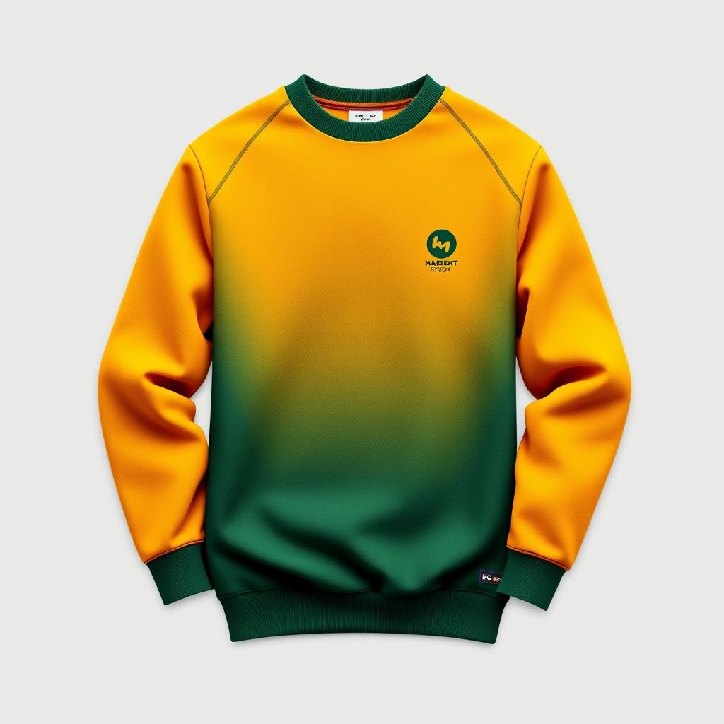 mockup design, Design a cozy crew neck sweatshirt mockup featuring a modern, relaxed fit. Incorporate a soft fabric texture and a vibrant color palette of deep forest green and mustard yellow. Showcase unique design elements like a minimalist logo on the chest and a stylish tag detail near the hem, perfect for casual wear.