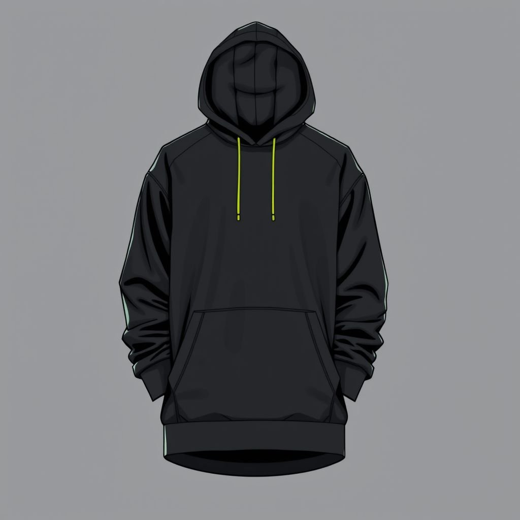mockup design, Design a sleek, modern hoodie named "Hoodie Noï" featuring a minimalist aesthetic. Use a deep charcoal color palette with subtle neon accents. Highlight breathable, high-tech fabrics and an oversized fit. Incorporate stylish, functional elements like an adjustable hood and hidden pockets, ensuring comfort and style for urban adventures.