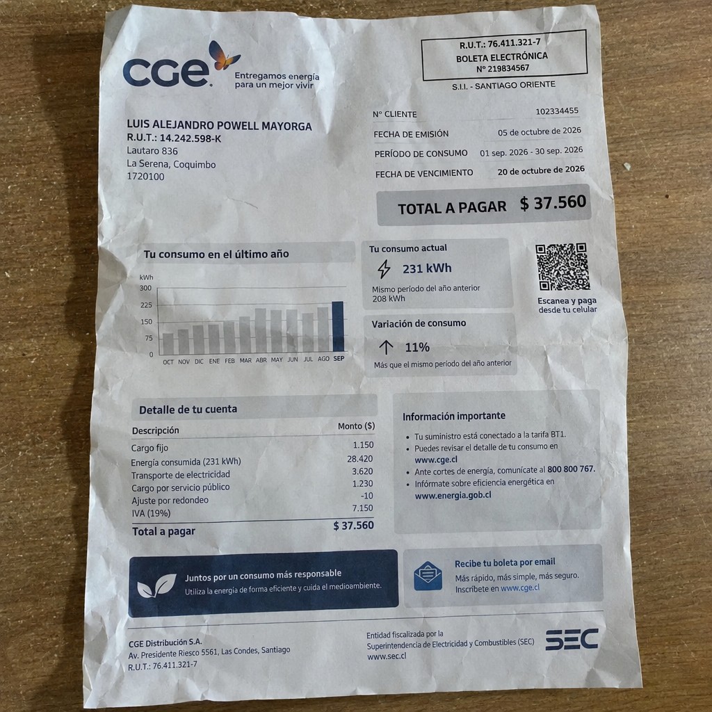 Create a statement, an electricity bill in CHILE. The A4 statement should be realistic, as if it were photographed on a phone. The document should be on a white background. The document must be for the last 3 months of October 2026. The document should contain several transactions and be wrinkled at the edges.
Name LUIS ALEJANDRO POWELL MAYORGA
Address Lautaro 836, 1720100 La Serena, Coquimbo
R.U.T. 14242598-K
Date of birth 18.01.1974