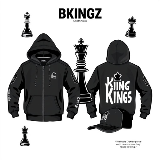 mockup design, **Mockup Design Prompt for BKINGZ:**
Create a sleek, urban apparel mockup for the BKINGZ brand, targeting young boys. Incorporate "The Rook" chess piece subtly into the design as an edgy emblem—stylized with sharp edges and chains. Use embroidered patches and zipper pulls, combining simplicity with rebellious essence. Include emotional copy lines like "Rebel in Silk" and "Raised to Reign" to reinforce brand identity. Choose a monochrome palette with splashes of vibrant colors to appeal to youthful energy. Showcase items like hoodies, tees, and caps, highlighting edgy streetwear aesthetics while emphasizing the guardian symbolism of rooks and kings.