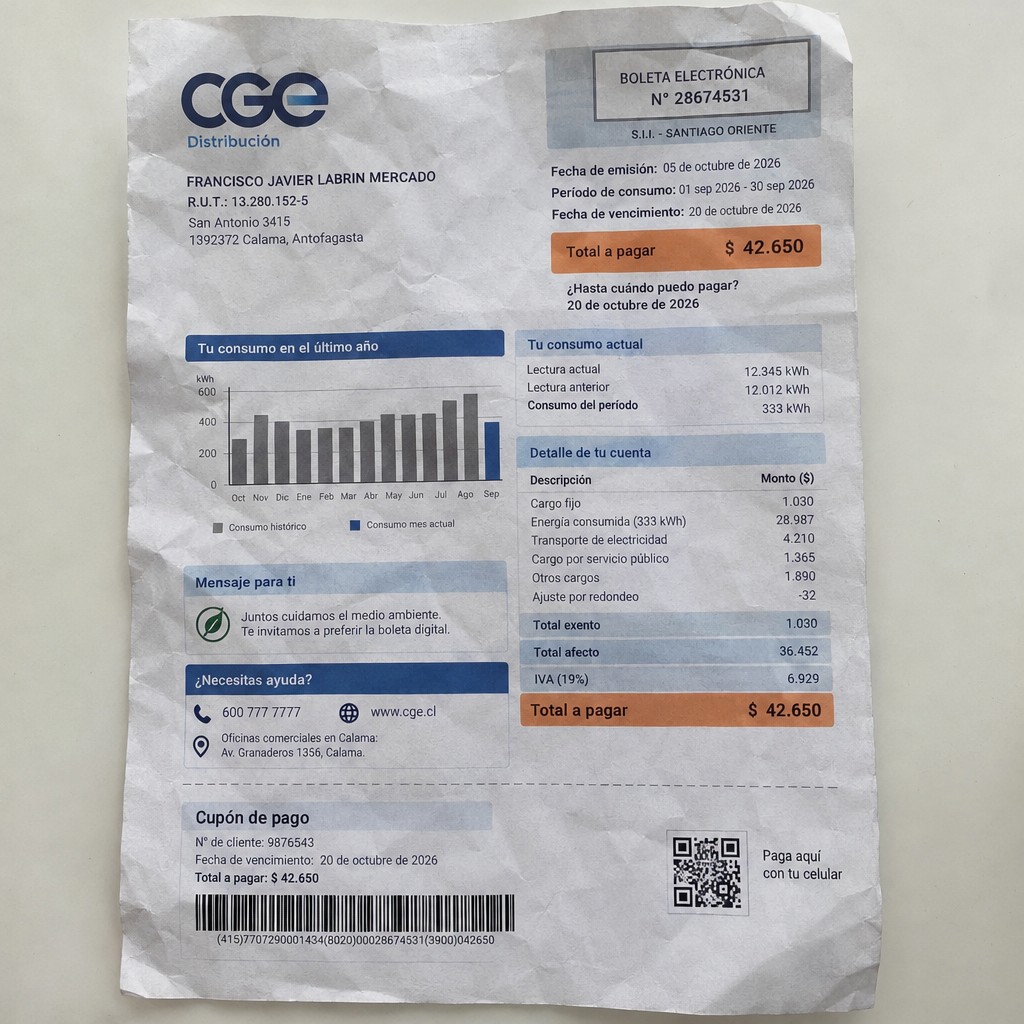 Create a statement, an electricity bill in CHILE. The A4 statement should be realistic, as if it were photographed on a phone. The document should be on a white background. The document must be for the last 3 months of October 2026. The document should contain several transactions and be wrinkled at the edges.
Name FRANCISCO JAVIER LABRIN MERCADO
Address San Antonio 3415, 1392372 Calama, Antofagasta
R.U.T. 13280152-5
Date of birth 06.10.1977