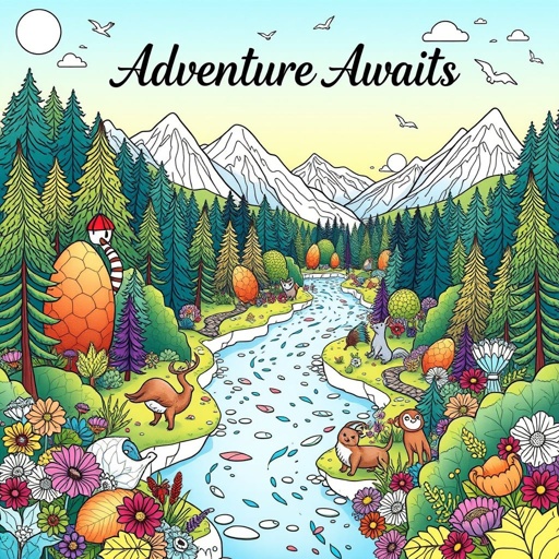 mockup design, Design a whimsical coloring book cover featuring a vibrant landscape filled with enchanting creatures, lush forests, and sparkling rivers. Include intricate patterns and hidden details for coloring enthusiasts. The title “Adventure Awaits” should be elegantly displayed at the top in playful font, with a color palette showcasing cheerful pastels and bold hues.
