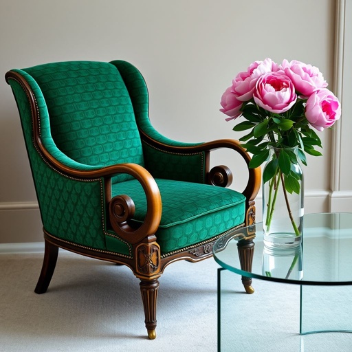 A vintage gossip chair, elegantly upholstered in rich emerald green velvet, features intricate, swirling wooden arms and legs, harmonizing with contemporary geometric patterns on the fabric. Golden accents on the chair's frame reflect soft ambient light. Nearby, a sleek glass table floats, holding a vibrant bouquet of peonies in a minimalist vase.