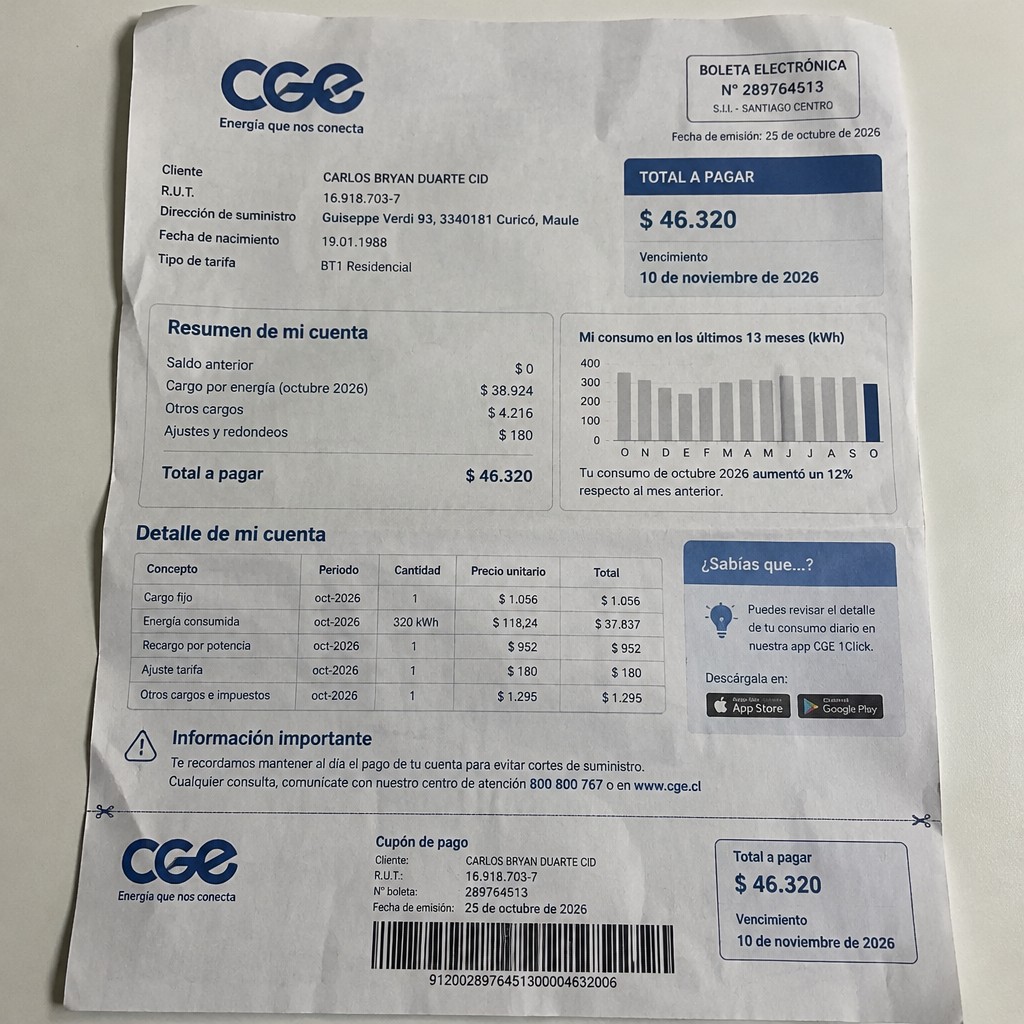 Create a statement, an electricity bill in CHILE. The A4 statement should be realistic, as if it were photographed on a phone. The document should be on a white background. The document must be for the last 3 months of October 2026. The document should contain several transactions and be wrinkled at the edges.
Name CARLOS BRYAN DUARTE CID
Adress Guiseppe Verdi 93, 3340181 Curicó, Maule
R.U.T. 16918703-7
Date of birth 19.01.1988
Date of discharge 25.10.2026 (OCTOBER 2026)