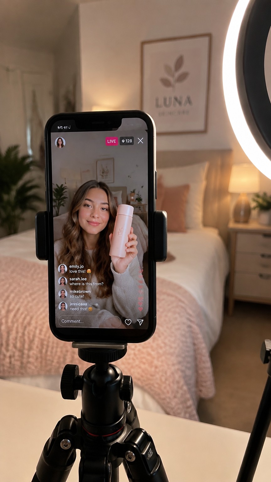 A smartphone mounted on a tripod in a softly lit bedroom streaming setup with a ring light glowing nearby, the screen showing a TikTok live broadcast interface featuring a tasteful sample brand design in the background scene, close tripod-angle photography, no watermarks, no text overlays