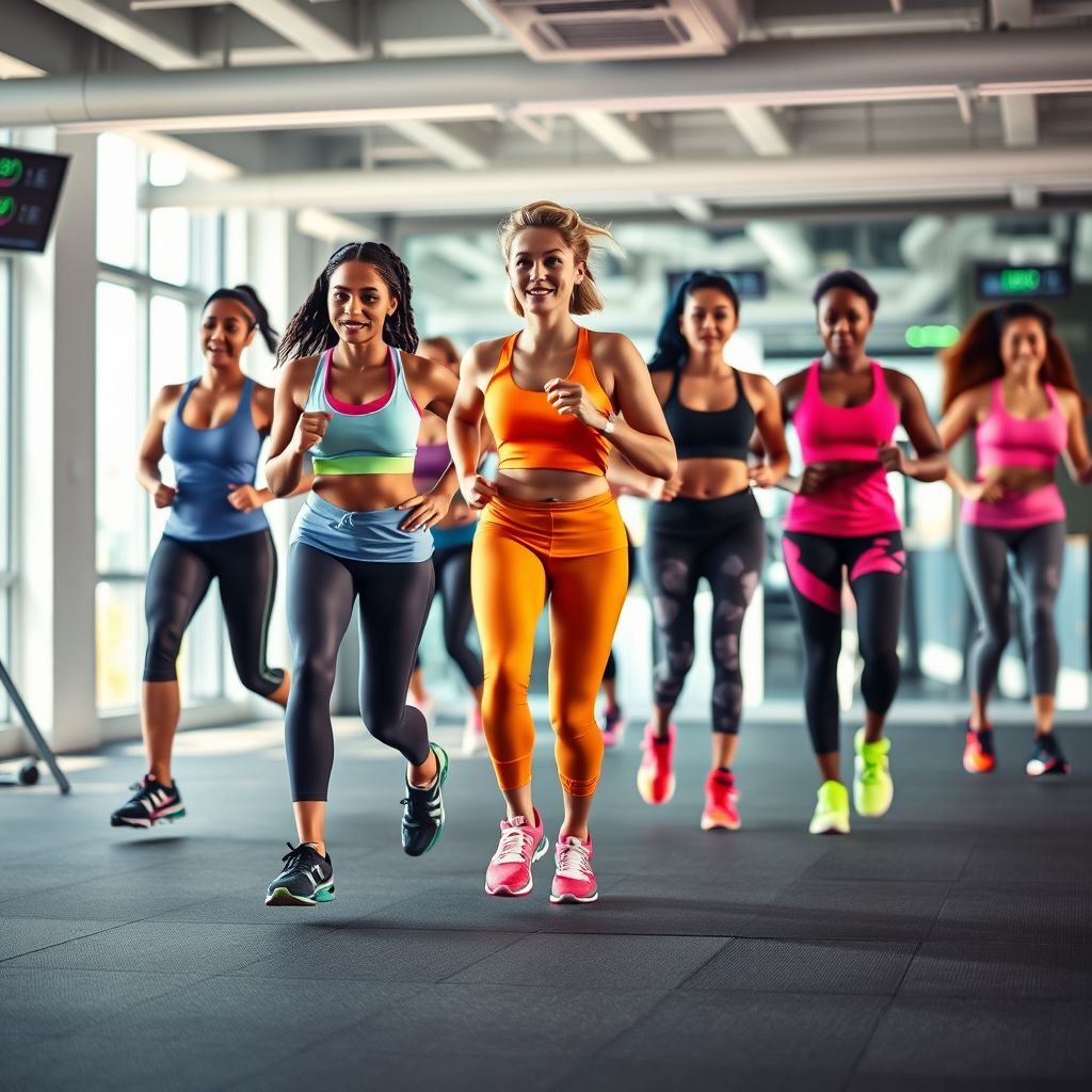 mockup design, "Design a vibrant mockup of a group workout session set in a modern gym, featuring diverse individuals wearing innovative Smart Shoes. The shoes should be animated, illustrating features like energy monitoring and step tracking. Capture the energetic atmosphere with dynamic poses, colorful fitness gear, and motivating elements like digital feedback displays."