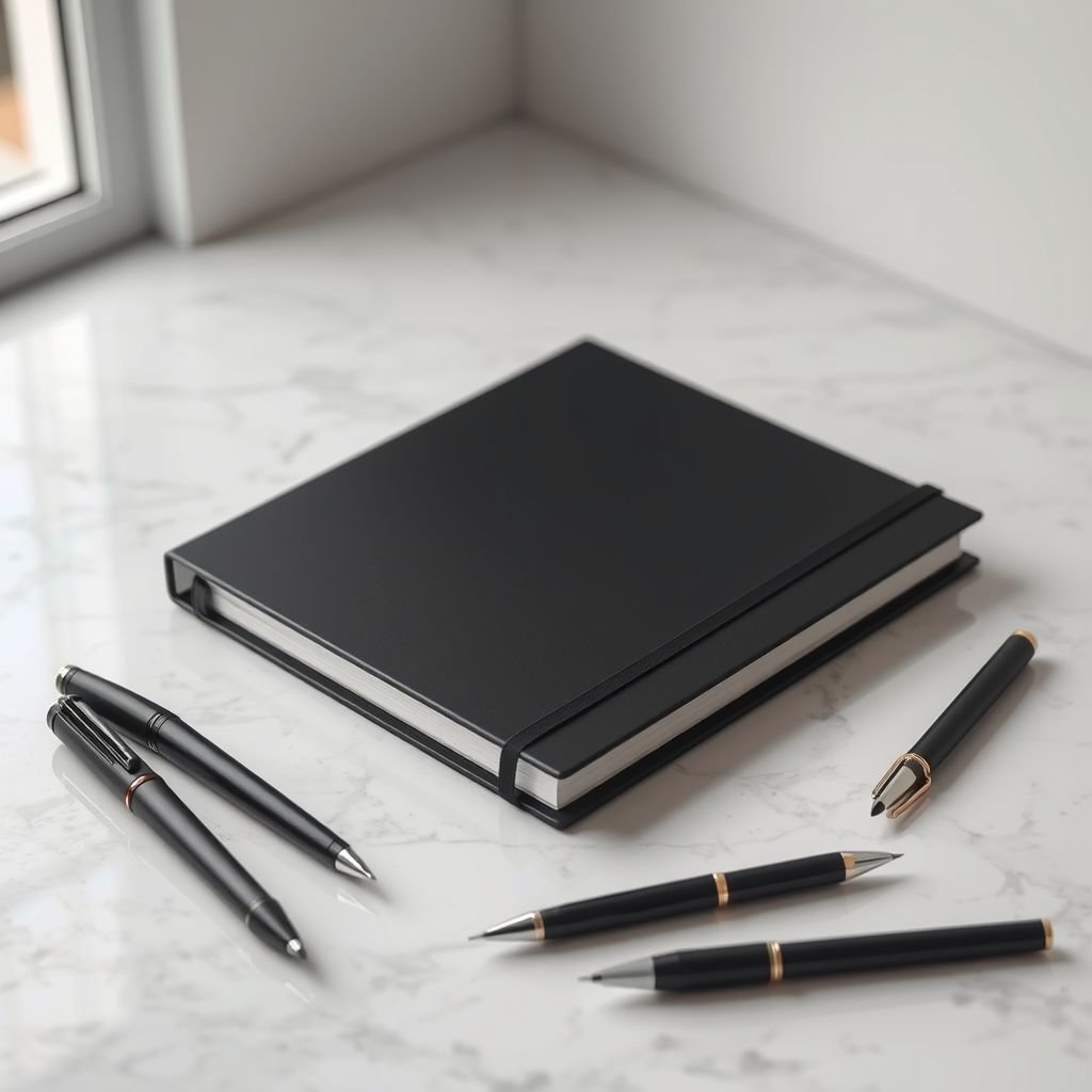 mockup design, Create a realistic mock-up of a sleek, closed black notebook positioned flat on a marble countertop, opening left to right and directly facing the viewer. Surround the notebook with an array of stylish pens – fountain, ballpoint, and gel – arranged meticulously. Incorporate soft, natural lighting to enhance the clean, minimalistic workspace aesthetic.