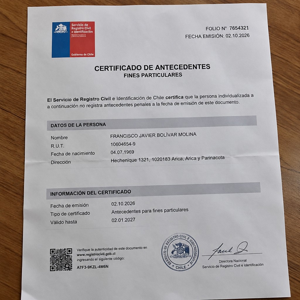 Create any statement containing the data. these can be statements such as : BANKSTATEMENT A4 format the statement should be realistic, as if it were photographed on a phone. The statement is on the same background.
Name FRANCISCO JAVIER BOLÍVAR MOLINA
Address
Hechenique 1321, 1020183 Arica, Arica y Parinacota
R.U.T. 10604654-9
Date of birth 04.07.1969
Date of discharge 02.10.2026 (OCTOBER 2026)